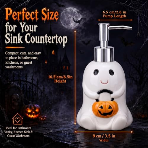 Potchen Ghost and Pumpkin Ceramic Soap Dispenser Halloween Decor - Whimsical Pump for Bathroom & Kitchen