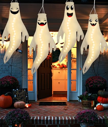 Warm Light Halloween Ghost Windsocks Set - 4 Cute 43 Inch Outdoor Decorations