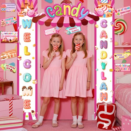 Pink Candyland Welcome Door Banner & Party Decorations - Kids Birthday & Holiday, Candy Theme, Halloween Christmas