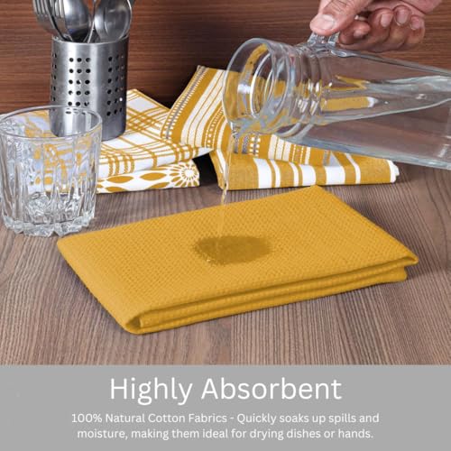 Kitchen Towels Set of 5 - 100% Cotton Dish Cloths with Hanging Loop - Mustard Yellow