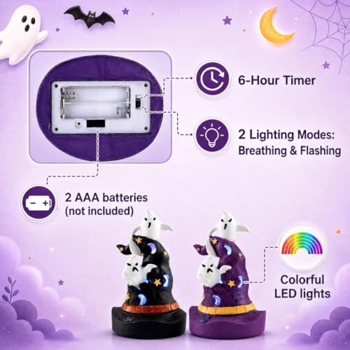 Halloween Resin Witch Hat Decor Set with Color-Changing LED Lights - 2 Pieces