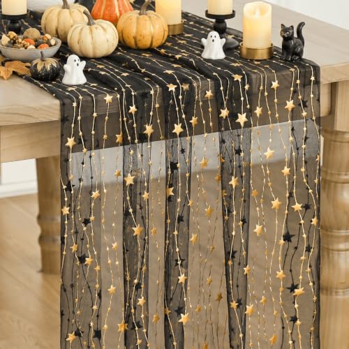 10FT Black Stars Gauze Table Runner with Gold Glitter - Wedding & Party Decor