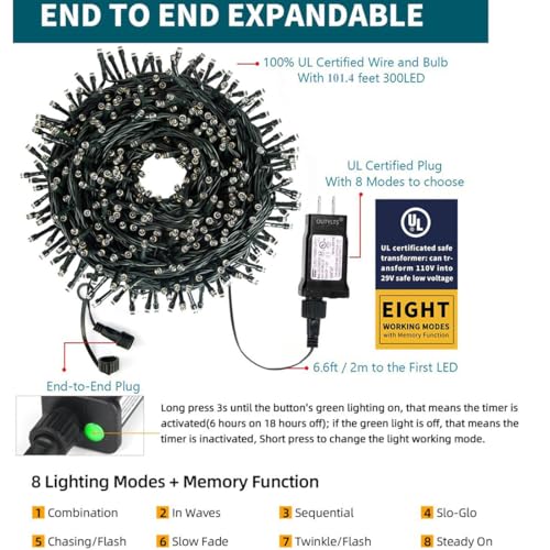 Warm White 300 LED Christmas String Lights 108ft with 8 Modes & End-to-End Connectable