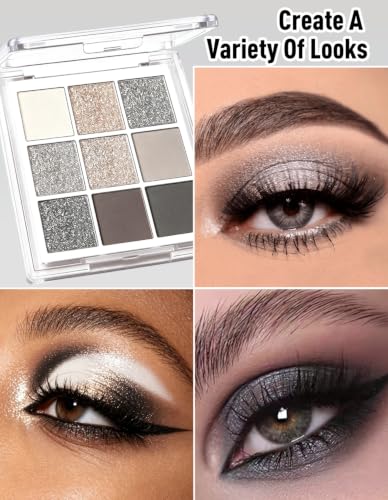 Grey Black Smoky Eyeshadow Palette - 9 Color Matte Shimmer Glitter Makeup Set with Brush