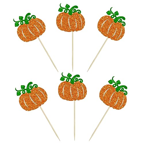 Pumpkin Cupcake Toppers - Glitter Fall Theme Decorations for Baby Shower & Birthday - Orange - 24PCS