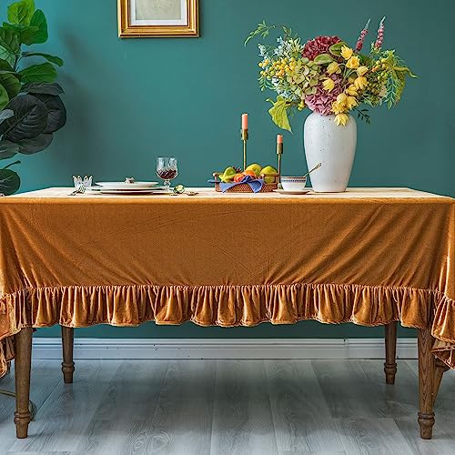 70x52 Inch Velvet Rectangular Tablecloth with Ruffle - Golden Camel
