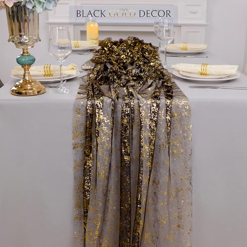 Black Gold Gauze Table Runner Set - 3 Pcs 10 Ft Sparkle Sheer Glitter Mesh