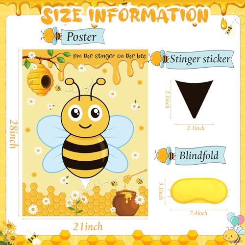 Bee Party Decorations Kit - Pin the Stinger on the Bee Game Set with Poster, Stickers & Mask - Bee Variation