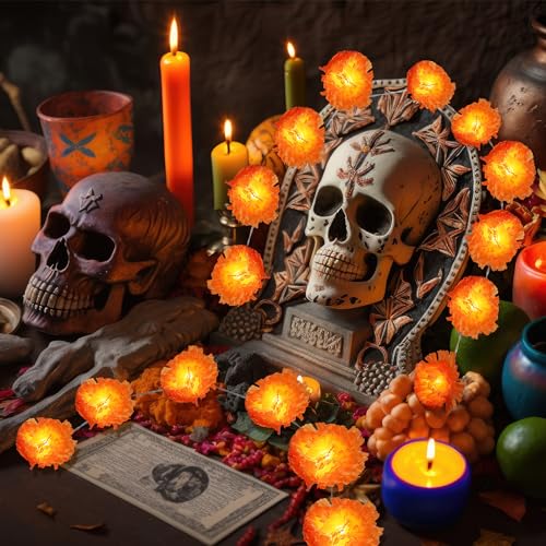 3 Pack LED Marigold Garland String Lights - 10 Ft 20 LEDs for Day of the Dead Halloween Diwali