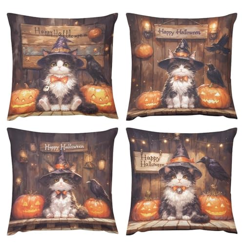 Fall Cartoon Kitten Pumpkin Halloween Throw Pillow Covers Set 20x20 - Pack of 4