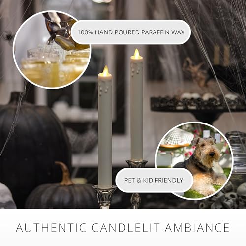 White Wax Drip Flameless Candle Taper - 9.5 Inch Unscented Moving Flame LED - Halloween & Holiday Decor - Variation: White-Single