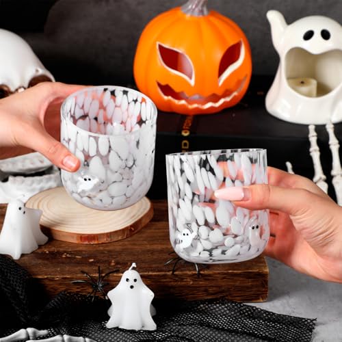 Ghost Halloween Glass Cups Set - 4 Pcs 14 oz Stemless Drinkware with Icon Design