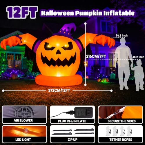 Giant 12.2 FT Halloween Inflatable Pumpkin Outdoor Decoration - Weatherproof & Reusable