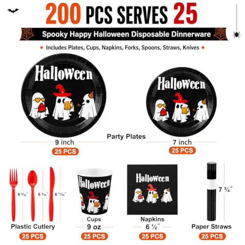 Halloween Party Supplies Set 200 Pcs Disposable Dinnerware for 25 Guests Ghost Design