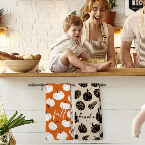 Fall Pumpkin Kitchen Towels Set of 2 - Rustic Dishcloths 16x24 Inches