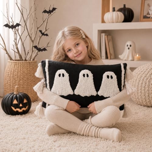 Halloween Ghost Lumbar Pillow Covers Set - Black & White Cotton Linen 15x20