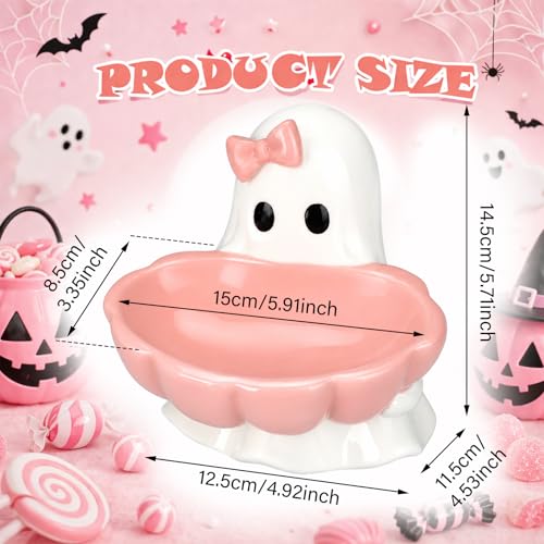 Pink Ghost Halloween Candy Bowl with Bow Ceramic Dish - Reallnaive