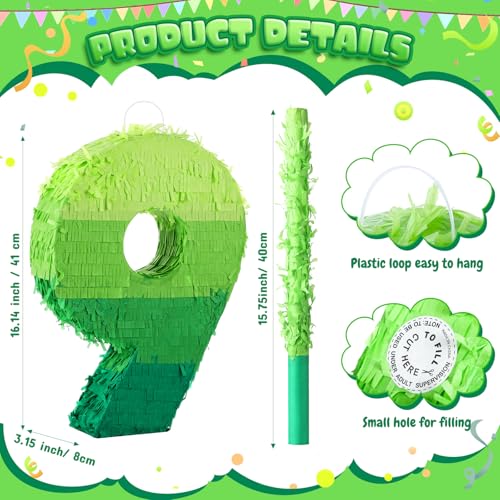 Number 9 Piñata - 16 Inch Green Birthday Party Pinata with Stick & Blindfold