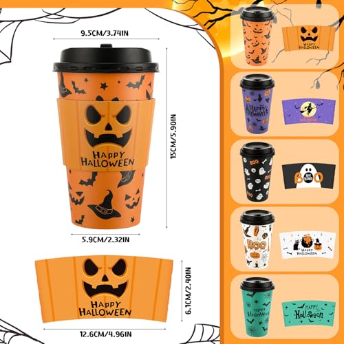 50 Pack Halloween Disposable Coffee Cups 16oz with Lids & Sleeves - Spooky Party Drinkware