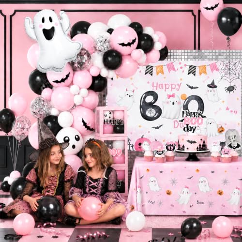 Pink Halloween Boo Day Party Decorations Kit for Spooky Birthday - Serves 20 with Banners Balloons Napkins Plates & Toppers - Variation: Pink