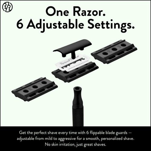 Rockwell Razors 6S Adjustable Black Stainless Steel Safety Razor - Custom Shaves With 6 Settings & 5 Recyclable Blades