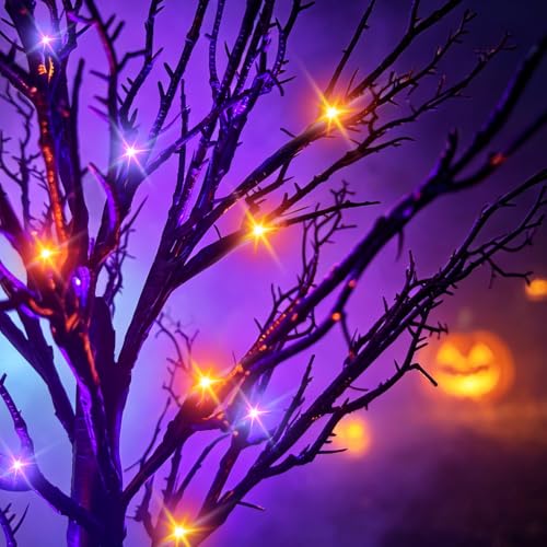 Halloween Decor Indoor 2 Pack 24-Inch Black Halloween Trees with Orange & Purple LED Lights - USB & Battery Powered, Spooky Twig Trees with Timer