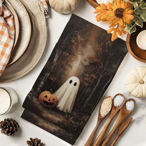 Halloween Ghost Pumpkin Kitchen Towel Set - Vintage Rustic Hand Towels for Bathroom & Kitchen - 16x24 Inch - Ghost Variation