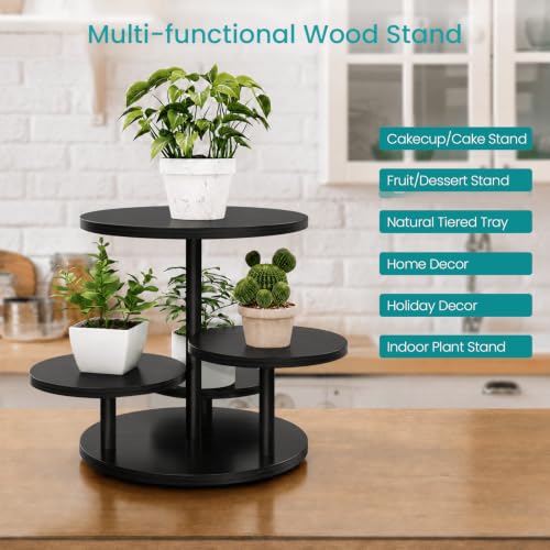 Black 4-Tier Round Cupcake Stand - Wooden Cake Tower with Rotatable Top for Desserts