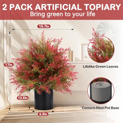 Artificial Fall Cedar Topiary Trees in Pot - Red & Green, 2 Pack Outdoor Faux Shrubs