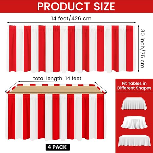 4 Pack Red and White Striped Carnival Table Skirts 14ft x 30in for Party Decorations - Variation of 4