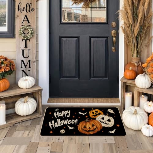 Halloween Ghost Doormat with Pumpkins Bat Welcome Mat 17x36 Inch Non-Slip Indoor Outdoor Seasonal Entryway - Variation: Three Pumpkins 1.5x3 ft