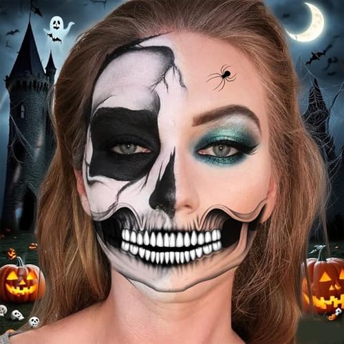 Skeleton Face Tattoo Kit for Halloween Costume Makeup - 2 Pairs of Temporary Tattoos with Spider Design