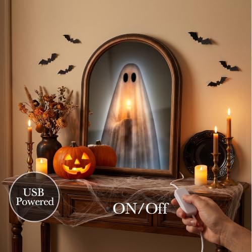Halloween Ghost Mirror with Light-Up Spooky Glow 10.6x13.1 Inches - Tabletop Decor