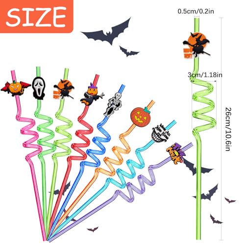 Halloween Party Straw Set - 8 Reusable Plastic Skeleton Pumpkin Witch Designs