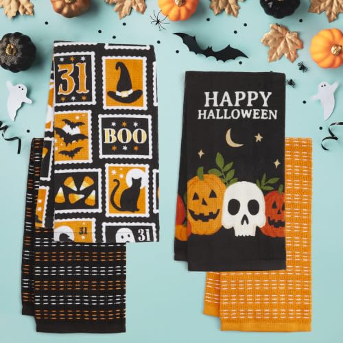 Halloween Kitchen Towel Set with Skull & Bat Designs - 4-Piece