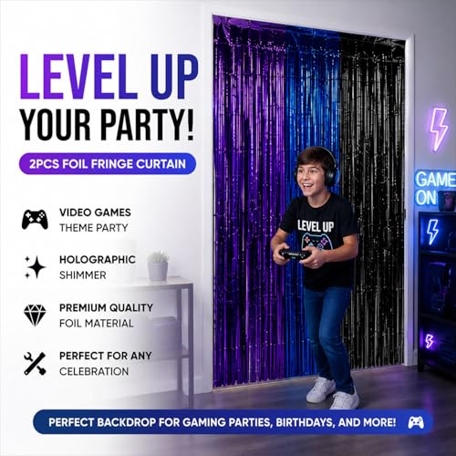 Gaming Foil Fringe Curtains Set - Blue Purple Black 13.2x6.6 ft 4 Pack