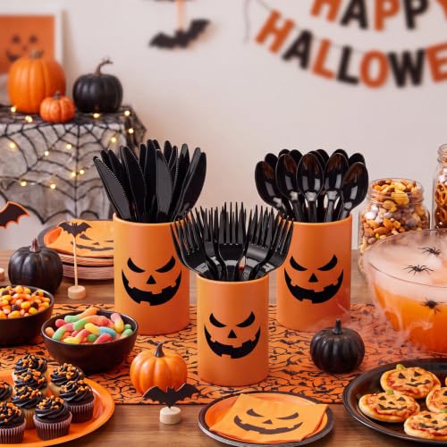 Halloween Pumpkin Party Supplies with Black Cutlery Set - Black & Orange