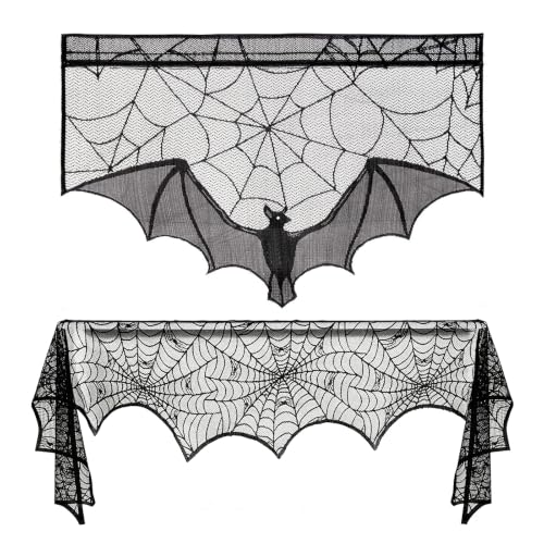 Halloween Black Lace Decorations Set with Bat Window Valance and Spiderweb Mantle Scarf