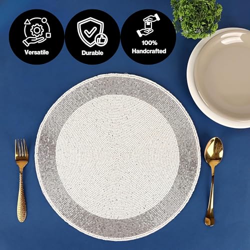Alpha Living Home Silver White Beaded Round Placemats Set of 4 - 13 Inch Table Decor