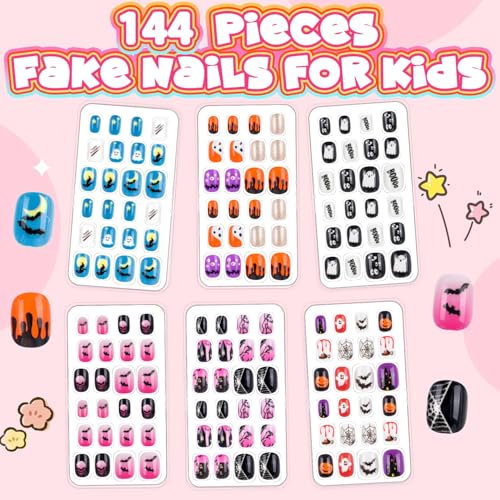 Kids Press On Nails Set with Halloween Pattern - 144 Fake Nail Tips for Girls, Short & Full Cover