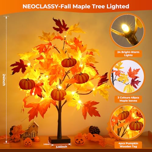 24-Inch Fall Maple Tree Lights Set with Pumpkin Ornaments - Battery & USB Powered Decor