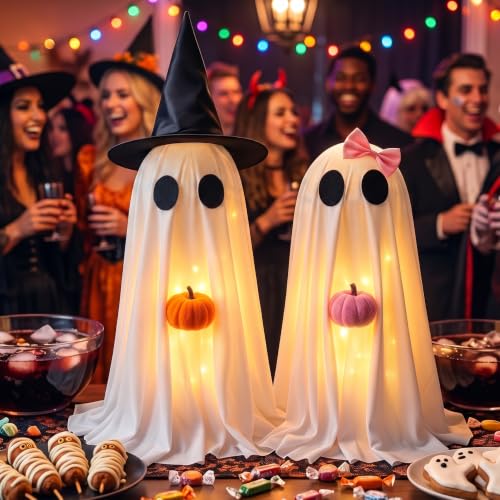 Halloween Ghost Decor Set - Lighted Indoor & Outdoor Spooky Couple Ghosts with Pumpkins