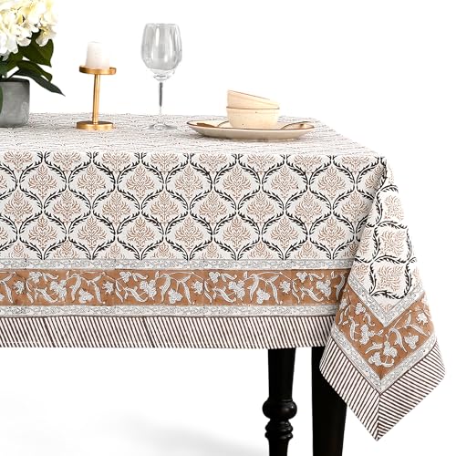 Sandstone Regal Cotton Tablecloth 80x120 Inch Indian Block Print Rectangular Cover - Wedding & Holiday Decor
