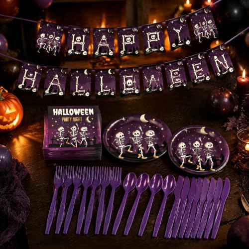 Halloween Disposable Tableware Set for Parties - Plates Napkins Cutlery Banner, Serves 10