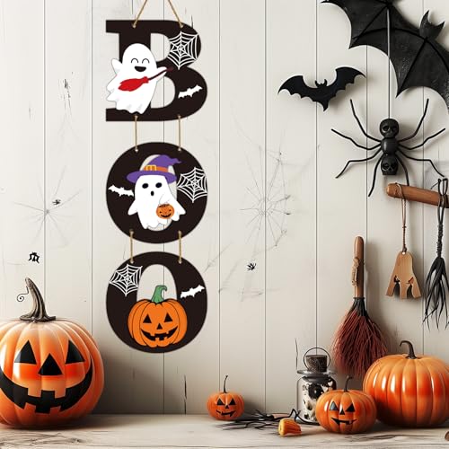 Halloween Door Sign with Ghost and Pumpkin Decorations - Festive Wall Hanging