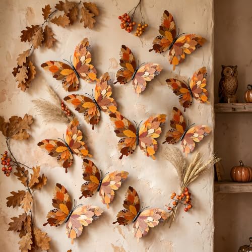 Fall 3D Butterfly Wall Stickers - 12 Pack Autumn Maple Leaf Decor for Halloween Thanksgiving