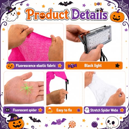 Glow in the Dark Spider Web Decoration with Mini Spiders - Fluorescent Red, 472 x 39 Inches - Halloween Outdoor Decor