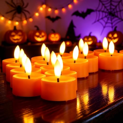 QIDEA Halloween Orange LED Tea Lights for Pumpkin & Holiday Decor - 12 Sets