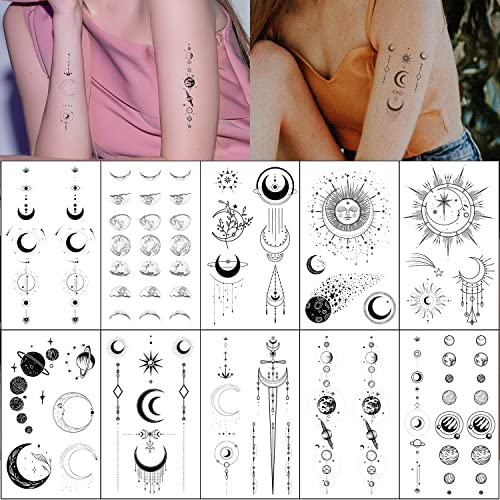Moon Sun Stars Space Planets Chain Temporary Tattoos for Women - Vertical Spine Design