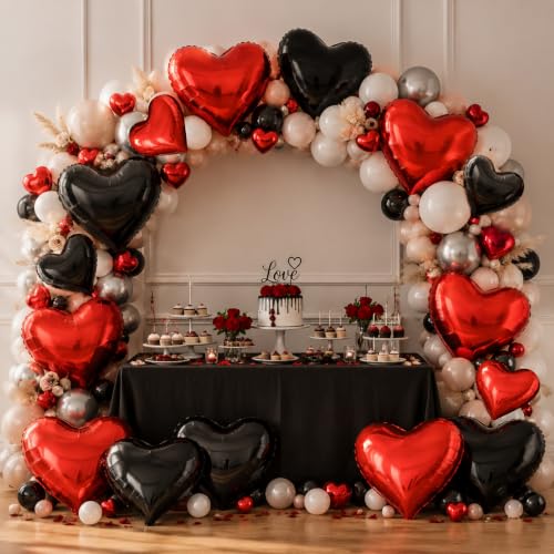 TONIFUL 30 Pack Red and Black Heart Foil Balloons - 3 Sizes for Gothic Wedding & Party Decorations